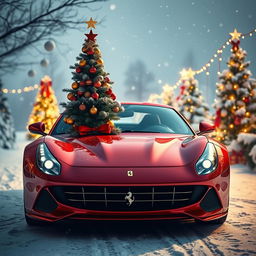 A Ferrari Purosangue parked in a festive winter landscape, decorated with colorful Christmas ornaments and a beautifully adorned Christmas tree placed on the hood