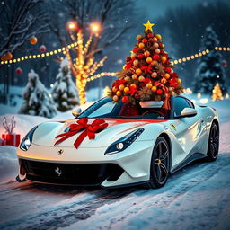 A Ferrari Purosangue parked in a festive winter landscape, decorated with colorful Christmas ornaments and a beautifully adorned Christmas tree placed on the hood