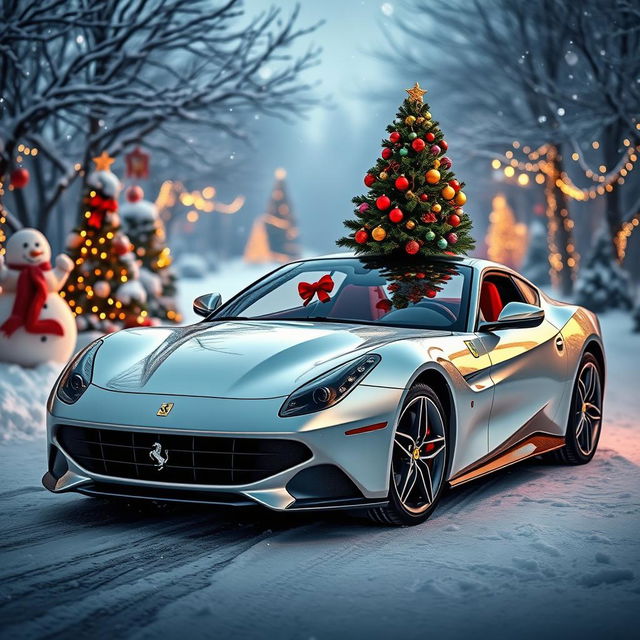 A Ferrari Purosangue parked in a festive winter landscape, decorated with colorful Christmas ornaments and a beautifully adorned Christmas tree placed on the hood