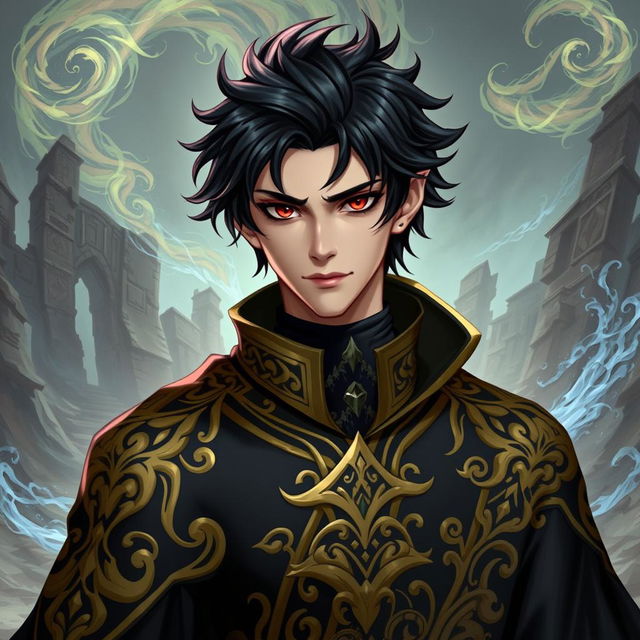 A character resembling Anos Voldigoad, with striking dark hair and a regal presence