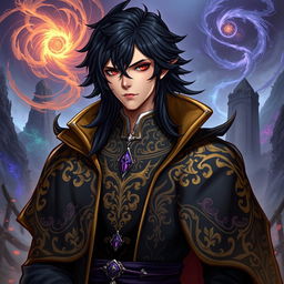 A character resembling Anos Voldigoad, with striking dark hair and a regal presence