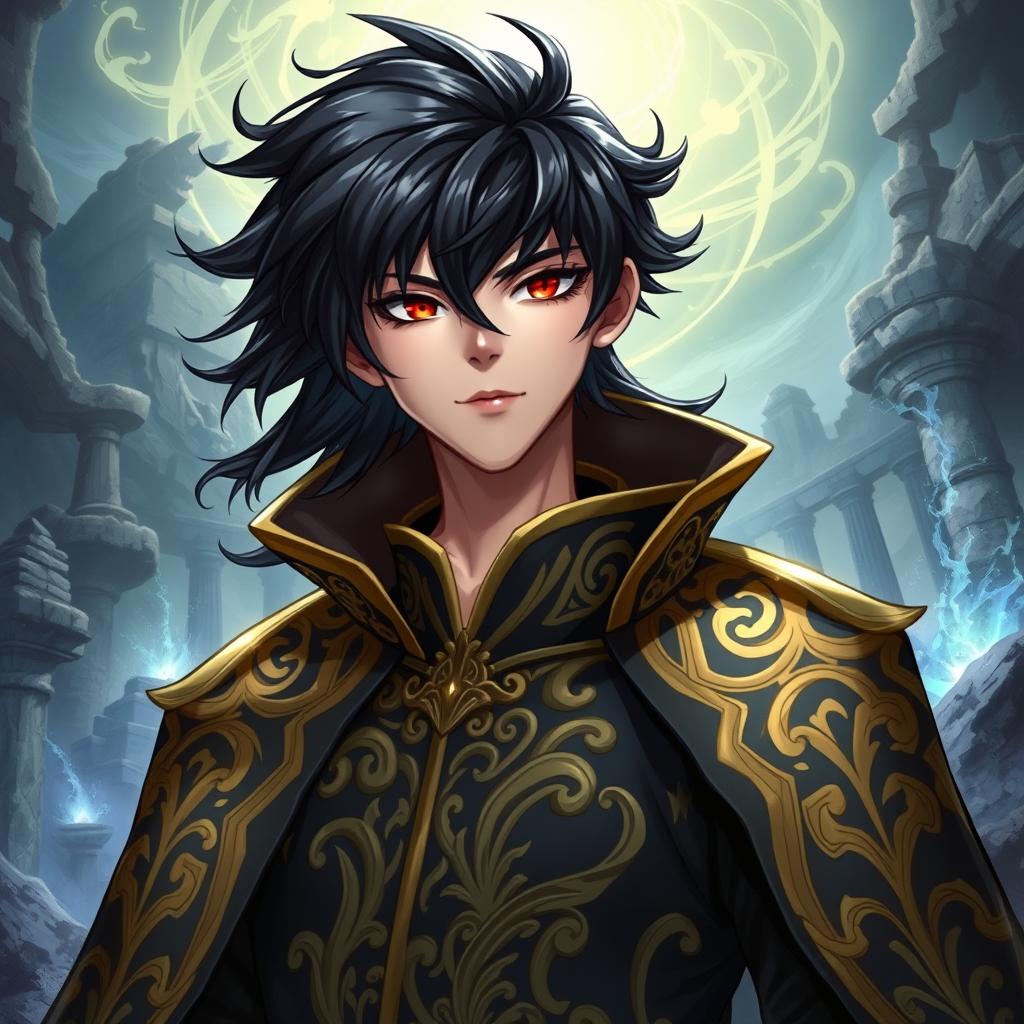 A character resembling Anos Voldigoad, with striking dark hair and a regal presence