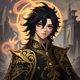 A character resembling Anos Voldigoad, with striking dark hair and a regal presence