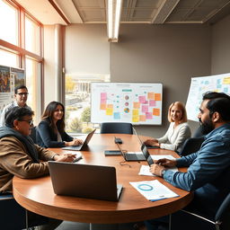 A scene depicting a university faculty meeting in a modern conference room