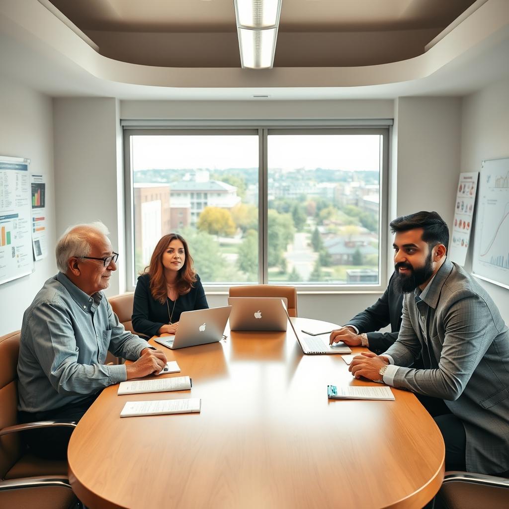 A scene depicting a university faculty meeting in a modern conference room