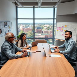 A scene depicting a university faculty meeting in a modern conference room