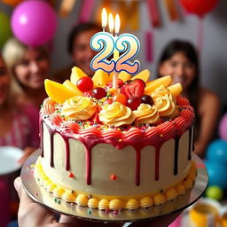 A medium-sized birthday cake beautifully decorated, featuring vibrant frosting and intricate designs, topped with a bright number '22' candle