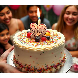 A medium-sized birthday cake beautifully decorated, featuring vibrant frosting and intricate designs, topped with a bright number '22' candle