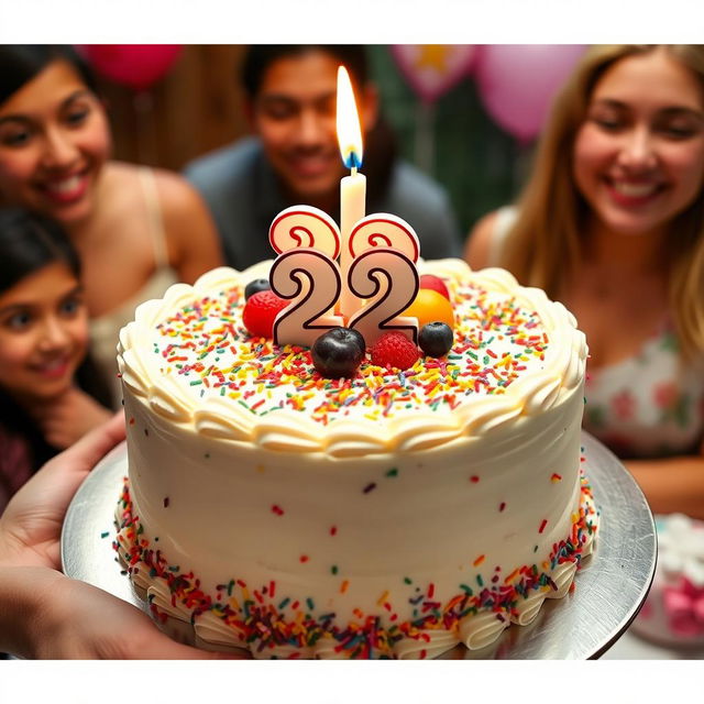 A medium-sized birthday cake beautifully decorated, featuring vibrant frosting and intricate designs, topped with a bright number '22' candle