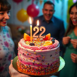A medium-sized birthday cake beautifully decorated, featuring vibrant frosting and intricate designs, topped with a bright number '22' candle