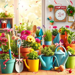 A vibrant and cheerful New Year celebration scene featuring an array of colorful gardening tools and planters