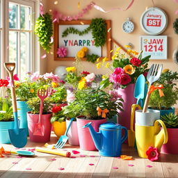 A vibrant and cheerful New Year celebration scene featuring an array of colorful gardening tools and planters