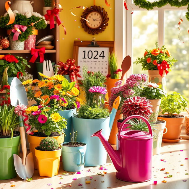 A vibrant and cheerful New Year celebration scene featuring an array of colorful gardening tools and planters