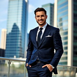 A confident man standing in a well-fitted dark blue suit, with a crisp white dress shirt and a stylish tie, posing in an urban setting