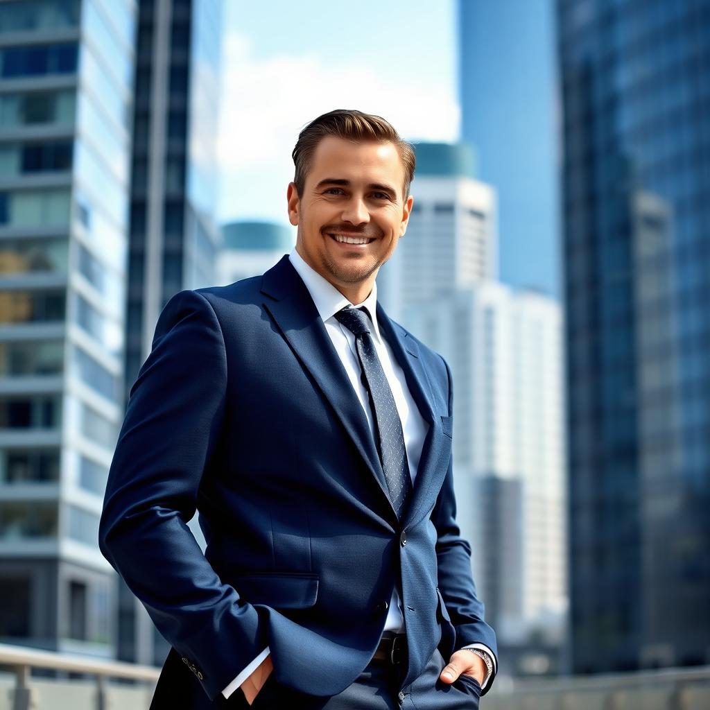 A confident man standing in a well-fitted dark blue suit, with a crisp white dress shirt and a stylish tie, posing in an urban setting