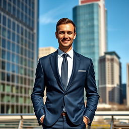 A confident man standing in a well-fitted dark blue suit, with a crisp white dress shirt and a stylish tie, posing in an urban setting