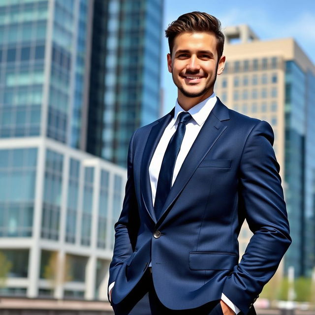 A confident man standing in a well-fitted dark blue suit, with a crisp white dress shirt and a stylish tie, posing in an urban setting