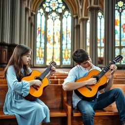 A beautiful scene inside a grand church with stained glass windows casting colorful light