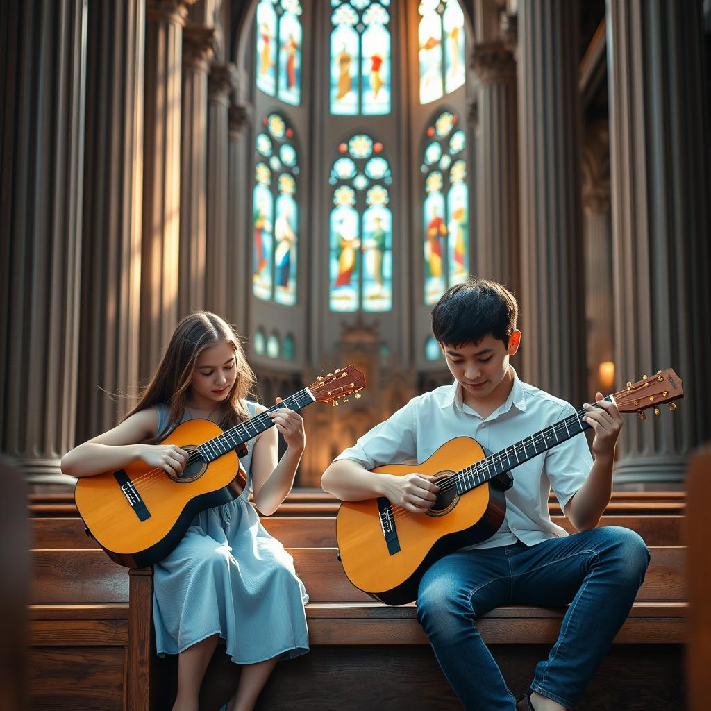 A beautiful scene inside a grand church with stained glass windows casting colorful light