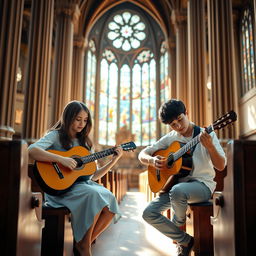 A beautiful scene inside a grand church with stained glass windows casting colorful light