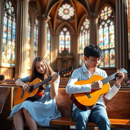 A beautiful scene inside a grand church with stained glass windows casting colorful light