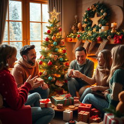 A joyful and festive Christmas celebration scene featuring friends gathered around a beautifully decorated Christmas tree, adorned with colorful ornaments and twinkling lights