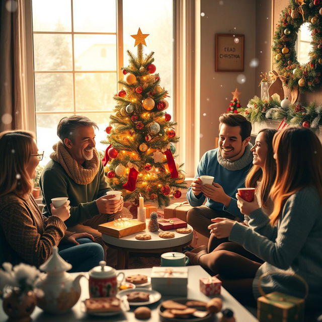 A joyful and festive Christmas celebration scene featuring friends gathered around a beautifully decorated Christmas tree, adorned with colorful ornaments and twinkling lights