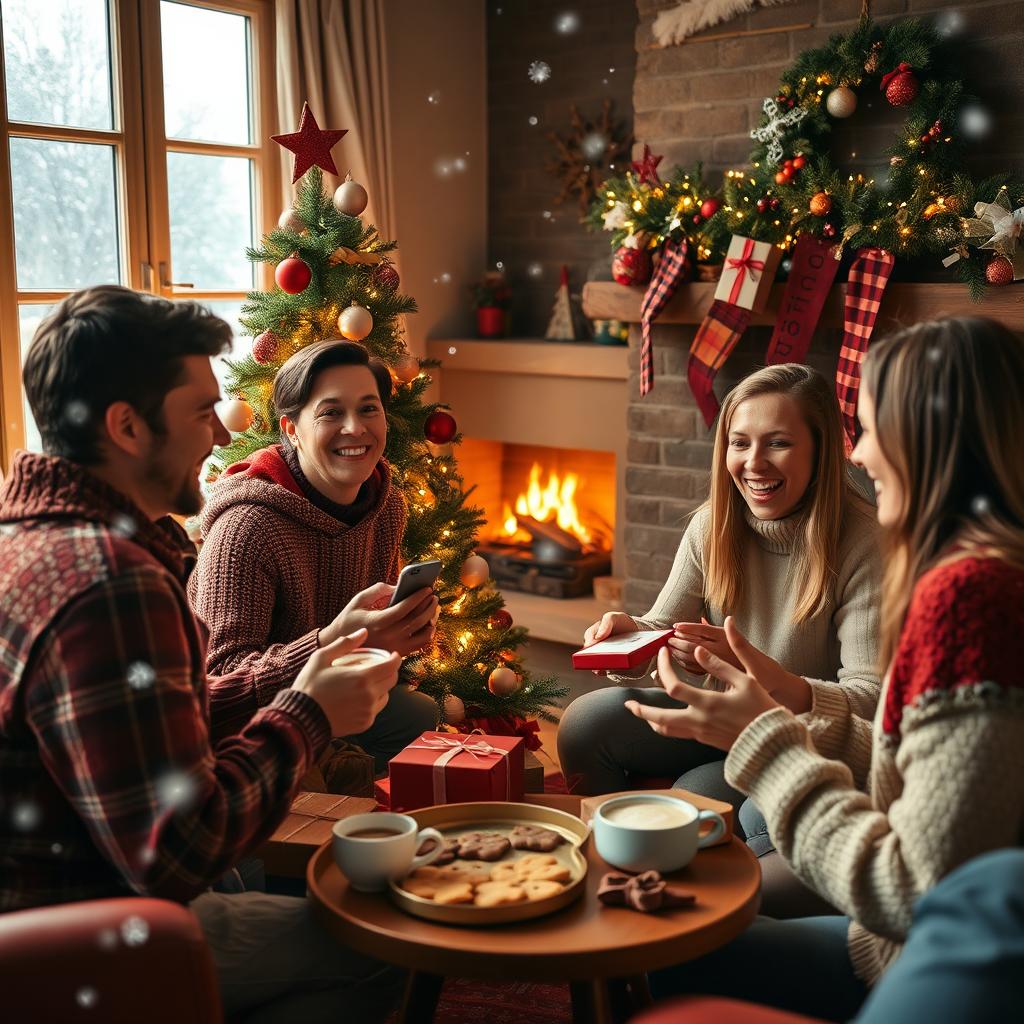 A joyful and festive Christmas celebration scene featuring friends gathered around a beautifully decorated Christmas tree, adorned with colorful ornaments and twinkling lights