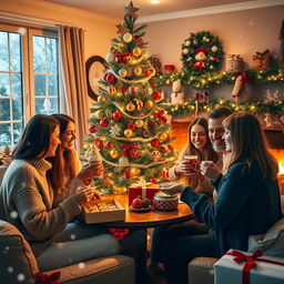A joyful and festive Christmas celebration scene featuring friends gathered around a beautifully decorated Christmas tree, adorned with colorful ornaments and twinkling lights