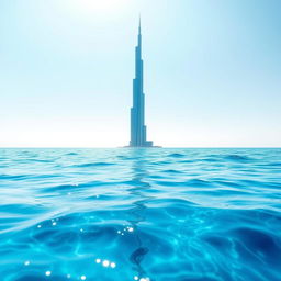 A surreal landscape featuring the Milad Tower (Burj Milad) majestically rising from the ocean, surrounded by gentle waves and a bright blue sky