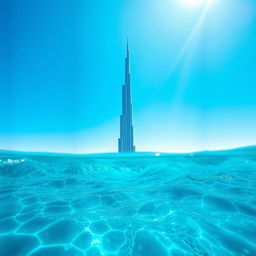 A surreal landscape featuring the Milad Tower (Burj Milad) majestically rising from the ocean, surrounded by gentle waves and a bright blue sky