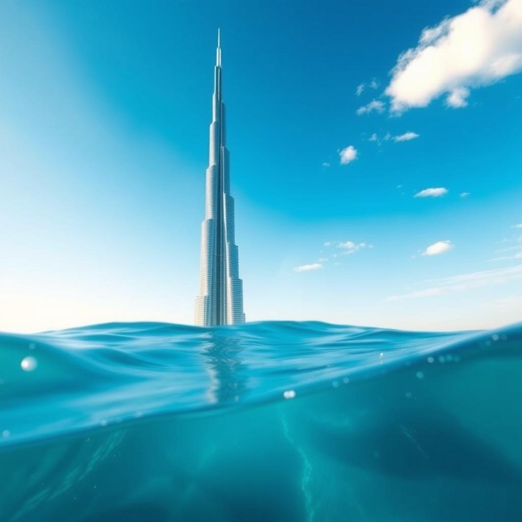 A surreal landscape featuring the Milad Tower (Burj Milad) majestically rising from the ocean, surrounded by gentle waves and a bright blue sky