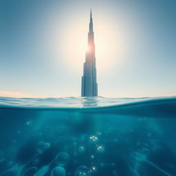 A surreal landscape featuring the Milad Tower (Burj Milad) majestically rising from the ocean, surrounded by gentle waves and a bright blue sky