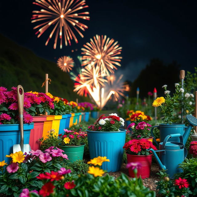 A vibrant garden scene filled with colorful flower planters, various blooming flowers, and neatly arranged garden tools such as a spade, a trowel, and watering can