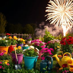 A vibrant garden scene filled with colorful flower planters, various blooming flowers, and neatly arranged garden tools such as a spade, a trowel, and watering can