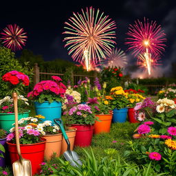 A vibrant garden scene filled with colorful flower planters, various blooming flowers, and neatly arranged garden tools such as a spade, a trowel, and watering can