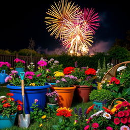 A vibrant garden scene filled with colorful flower planters, various blooming flowers, and neatly arranged garden tools such as a spade, a trowel, and watering can