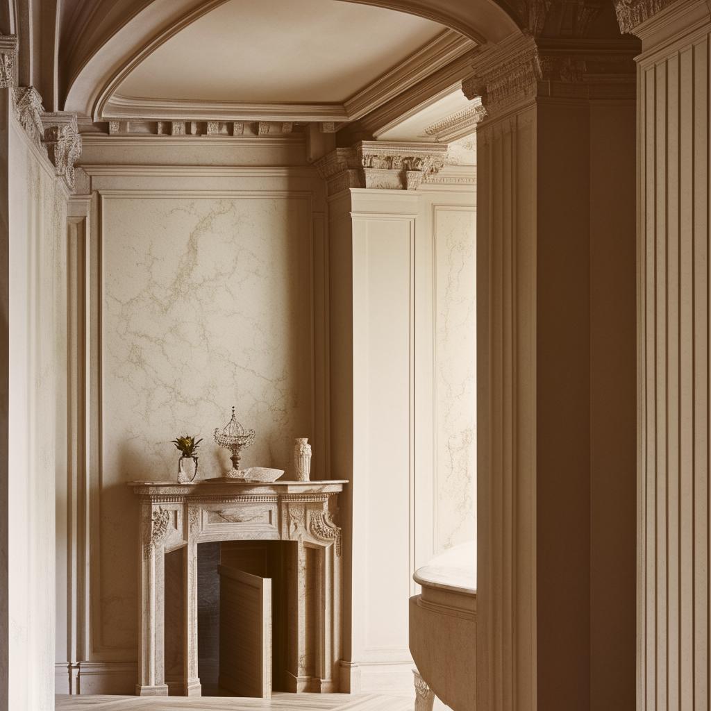 Generate an interior image featuring a beautiful neoclassical design within a room having unique, crooked walls.