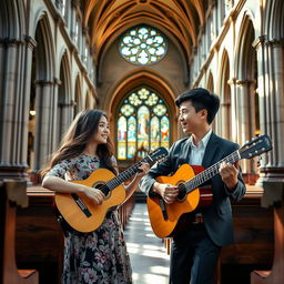 A beautiful scene inside a grand, historic church, featuring an 18-year-old girl and an 18-year-old boy playing classical guitar together