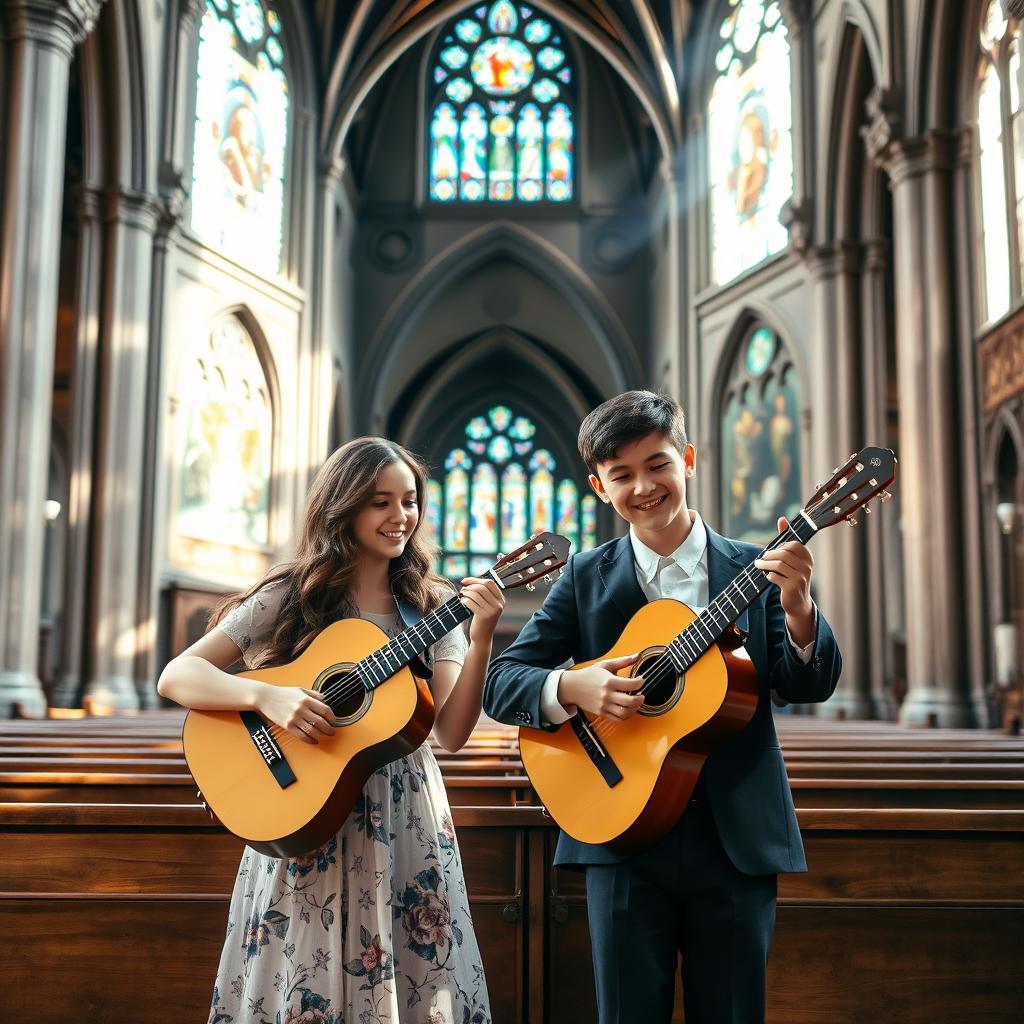 A beautiful scene inside a grand, historic church, featuring an 18-year-old girl and an 18-year-old boy playing classical guitar together