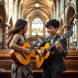 A beautiful scene inside a grand, historic church, featuring an 18-year-old girl and an 18-year-old boy playing classical guitar together