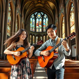 A beautiful scene inside a grand, historic church, featuring an 18-year-old girl and an 18-year-old boy playing classical guitar together