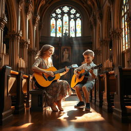 A serene scene inside an ornate classic church featuring a lady and a young boy playing guitar together