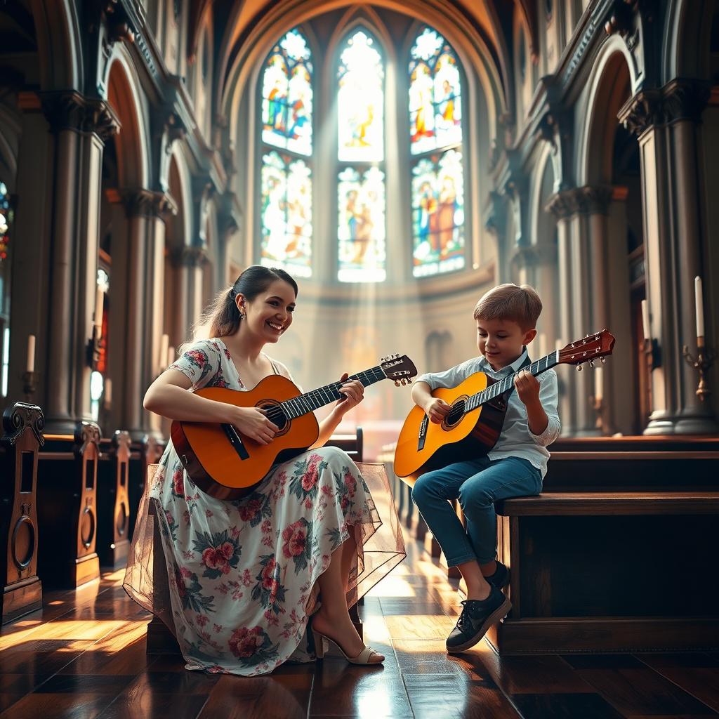 A serene scene inside an ornate classic church featuring a lady and a young boy playing guitar together