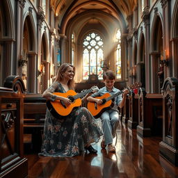 A serene scene inside an ornate classic church featuring a lady and a young boy playing guitar together