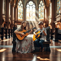 A serene scene inside an ornate classic church featuring a lady and a young boy playing guitar together