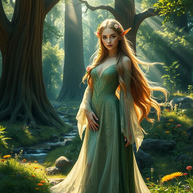 A beautiful female forest elf standing gracefully in a lush, enchanted forest