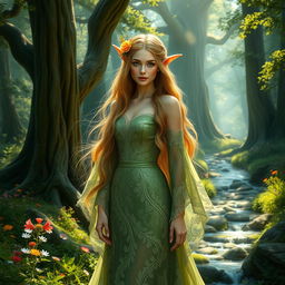 A beautiful female forest elf standing gracefully in a lush, enchanted forest