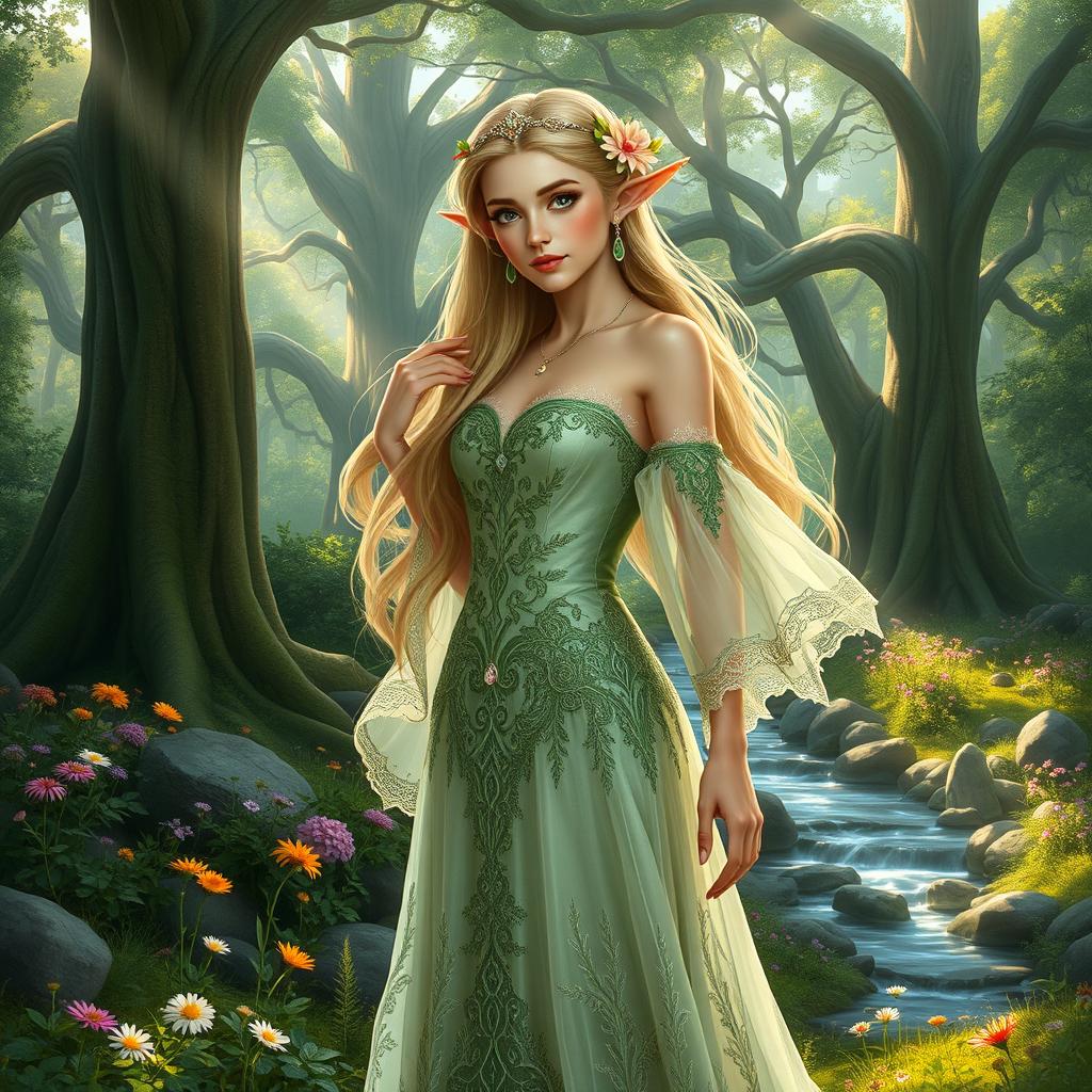 A beautiful female forest elf standing gracefully in a lush, enchanted forest