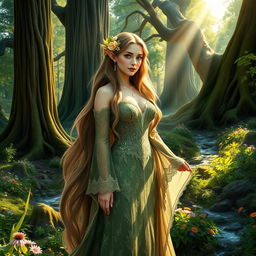A beautiful female forest elf standing gracefully in a lush, enchanted forest